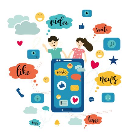 Flat cartoon style, vector colorful illustration. Communication through the Internet, the concept of communication, social networks, chat, video, news, dating, messages, website, friends search.のイラスト素材