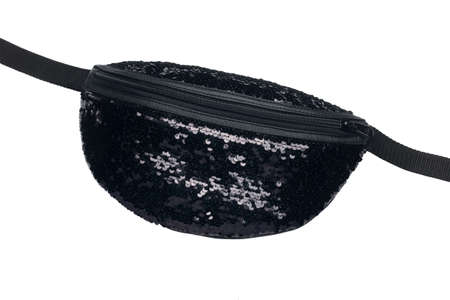 Black shiny waist bag isolated on white background. Close-upの写真素材