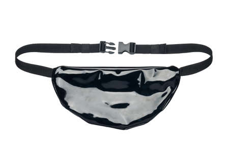 Lacquered black belt bag isolated on white background. Close-up, rear viewの写真素材