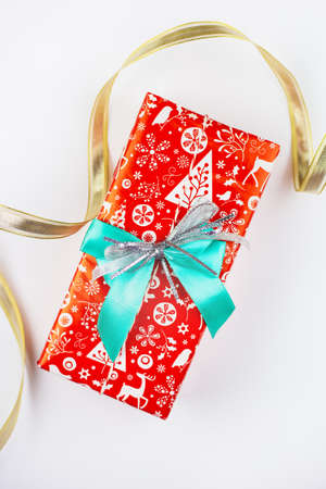 Beautifully pack New Year's gift isolated on white background. Holiday, New Year's moodの写真素材