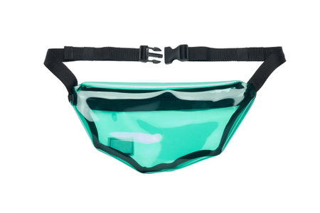 Lacquered transparent green belt bag isolated on white background. Close-up, rear viewの写真素材
