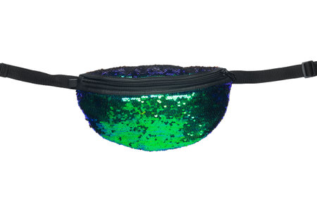 Green shiny belt bag on a white background. Close-upの写真素材
