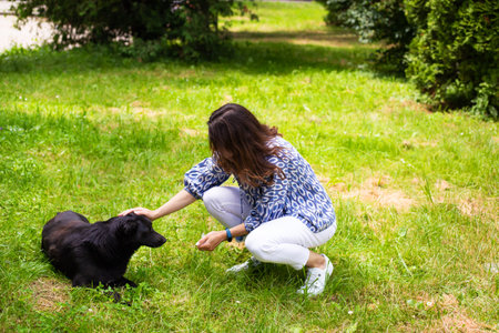 A young girl in white jeans plays with a black dog in the street. Outdoor recreation, walk in the park with the dog. Close-upの写真素材
