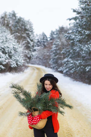 A girl in a red sweater and hat, in red mittens holds a basket with pine branches in her hands stands in the middle of a snow-covered road in a forest with pine branchesの写真素材