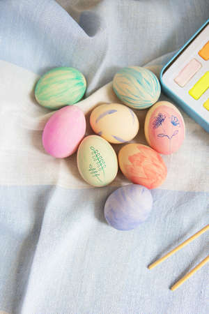 Painted colorful Easter eggs that are painted with watercolor paint. Easter cardの写真素材