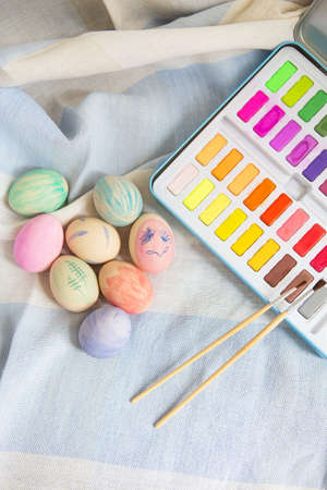Painted colorful Easter eggs that are painted with watercolor paint. Hand-paintedの写真素材