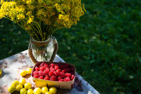 Fresh sweet juicy raspberries in a wooden basket stands close-up on the green grass. Summer, vacation, warmの写真素材