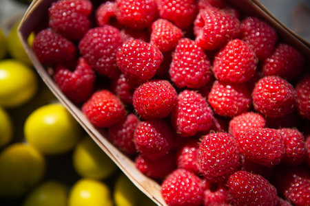 Fresh sweet juicy raspberries in a wooden basket close-up on a yellow cherry plum background. Close-up, beautiful sunset lightの写真素材