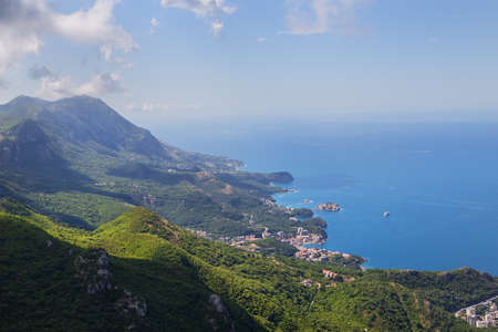 Prekars view from the top of the mountain road. View of the coast and the city of the Budva Riviera. Montenegro, Balkans, Adriatic Sea, Europeの写真素材