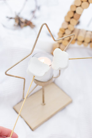 Merry christmas and a happy new year. Roast marshmallows outside over the star candlesの写真素材