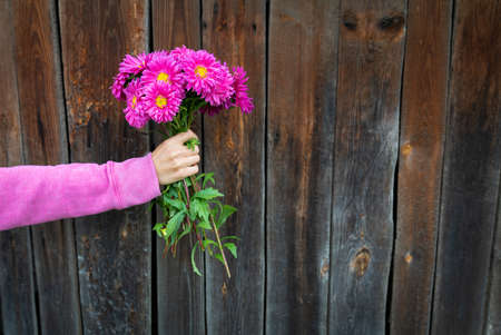 A woman in a pink sweater holds a beautiful pink bouquet of flowers in her hands against the...
