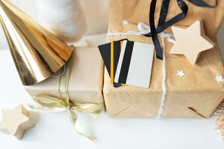 Christmas, gifts, online shopping concept, easy payment at home by credit cardの写真素材