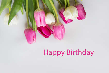 Happy birthday lettering. Beautiful spring bouquet with pink and white tulips on a white background. Ready postcardの写真素材