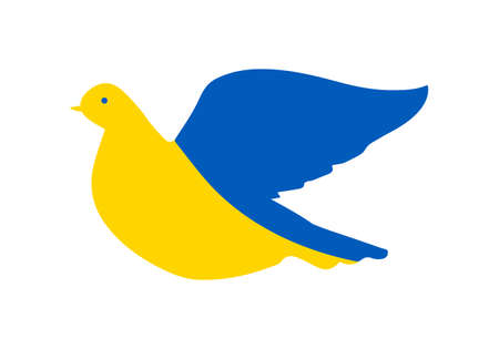 Flying dove symbolizing free Ukraine country. The concept is a fluttering bird painted in the colors of the national Ukrainian flag. Symbol of independence. Vector illustration on white backgroundのイラスト素材