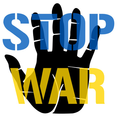 Stop War in Ukraine concept - children hand with text painted in national colors of the flag. Open palm gesture vector illustration. Save Ukraine from Russia. No war in Ukraine country, and all worldのイラスト素材