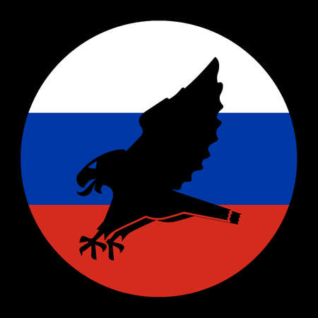 An attacking eagle symbolizing the aggressive, militant Russian Federation under Putin's rule. The predatory bird swoop and attack down trying to grab prey with sharp claws. Conceptual flag of Russiaのイラスト素材