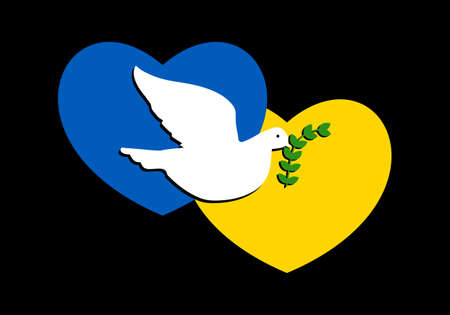Abstract patriotic Ukrainian flag in the shape of a two hearts with the dove of peace. White dove flying and hold a olive branch of the peace. Fluttering bird that brings peaceful and calm to Ukraineのイラスト素材