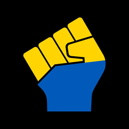 Fist raised in protest in war. Raised hand with clenched fist in Ukraine flag colors. Ukrainian symbol versus conflict Russia. Raised hand in colors of ukraine flag. Patriotic vector illustrationのイラスト素材