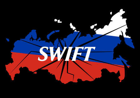 Prohibition of financial transactions in the Swift payment system. Conceptual text with Russian map at background. Sanctions against Russia, and disconnection from SWIFT through war against Ukraineのイラスト素材