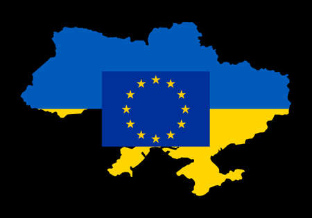 Blue European Union flag with yellow stars and Ukraine map in color of national flag. European Union Accepts Ukraine's Membership Application, Special Admission Procedure Initiated. Pray for Ukraineのイラスト素材