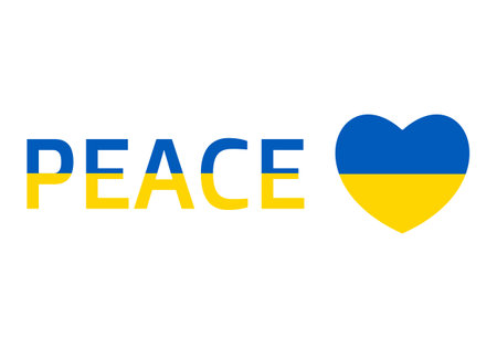 Ukraine flag icon in the shape of heart and peace text. Abstract patriotic ukrainian flag with love symbol. Conceptual idea - with Ukraine in his heart. Support for the country during the occupationのイラスト素材