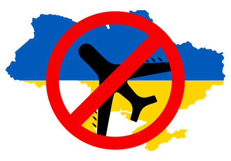 Close the sky of Ukraine - vector. Protest against the war in Ukraine. Red forbidding sign and military aircraft with missiles and bombs in map. Destruction of civilian population cannot be allowedのイラスト素材