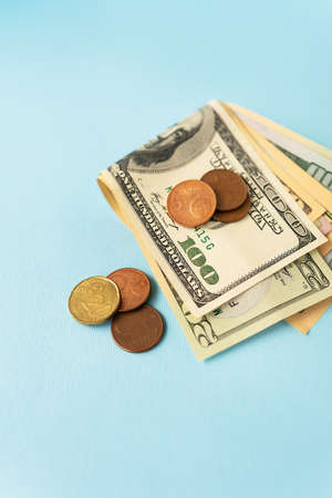 International currency money including euro, dollar, coin, dollar bill. close-upの写真素材