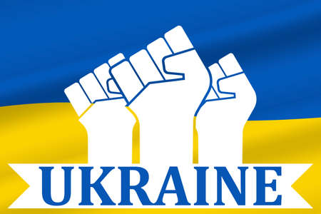 Ukraine banner for national day with abstract modern design - vector Illustration. Ukrainian flag with blue yellow color theme. Raised fists and trendy waving background. Ukraine Russia conflict, warのイラスト素材