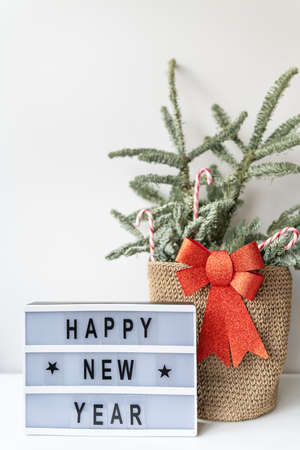 Happy New Year on vintage lightbox with New Years Eve decoration, concept image. Nobilis in a basket of candiesの写真素材