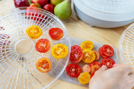 Electric drying machine for dehydrating products with horizontal loading of pallets. Top view, girl lays sliced tomatoes close-up, natural lightの写真素材