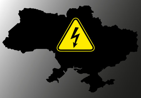 Power outage on the Ukraine map has a warning sign with a lightning symbol - blackout concept. Lack of electricity in the country due to destruction by rocket attacks of electric networks of Ukraine.のイラスト素材