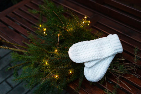 Branches of a coniferous tree decorated with a garland lie on a bench along with knitted white mittensの写真素材