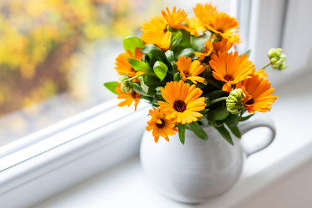A bouquet of bright calendula in a milk vase stands on the windowsill, bright autumn with a windowの写真素材
