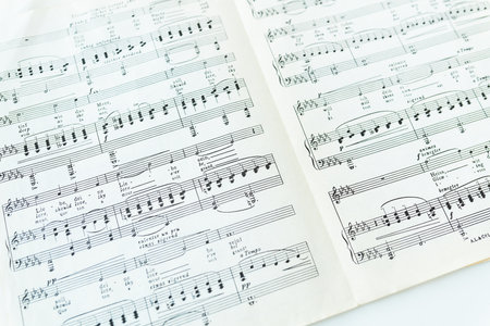 Piano score, musical notes on paper. View from aboveのeditorial素材