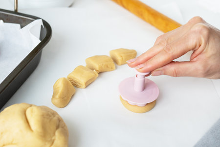 The process of making cookies with shapes in the form of flowers, a rolling pin and a tray, the concept of cooking, baking at homeの写真素材