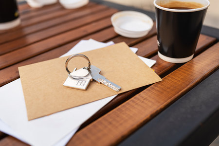 Coffee break - two cups in a plastic cup. Real estate, keys from a tenant to an apartment or house, buying and selling real estateの写真素材