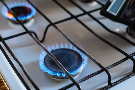 Gas is burning in the burner of the kitchen stove. energy crisis. High cost, the price of gasの写真素材