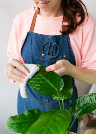 The girl wipes the large green leaves of dieffenbachia from dust. Care and trimming of flowerpots at home, close-upの写真素材