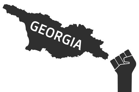Georgia map and clenched fist icon. Protest against the authorities of over parliamentary support for new Foreign Influence Transparency Act. Fight for georgian people concept - vector illustration.のイラスト素材