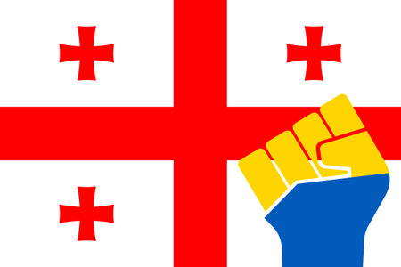 Georgia national flag and clenched fist in the form of the Ukrainian flag. Concept of fight for georgian people and solidarity with support of Ukraine against Russia and authorities. Strikers banner.のイラスト素材