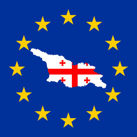Map of Georgia in the colors of the national Georgian flag in the center of the stars against the background of the flag of the European Union. The concept of relationship between EU and Georgia.のイラスト素材
