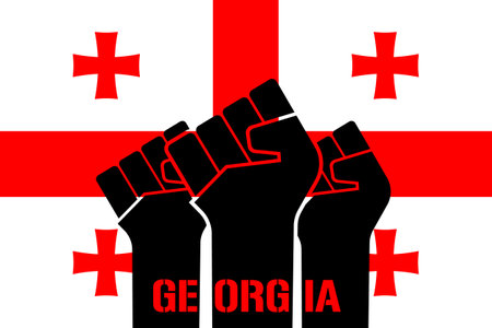 Georgia flag and clenched fists with country name tattoo. Protest against the authorities of over parliamentary support for the new Foreign Influence Transparency Act. Fight for Georgian people conceptのイラスト素材