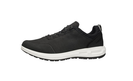 New running sneaker in cold weather isolated on white background. Men's sports shoes for everyday use. Athletic unbranded workout gym shoes with white sole. Modern black leather trainers for trainingの写真素材