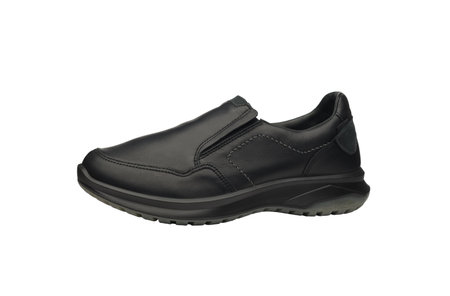 Leather black men elasticated sneakers without laces isolated on white background. Modern sports casual shoes with rubber soles. fashionable sneakers. Urban male fashion - stretch hipster footwearの写真素材