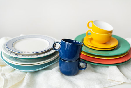 A pyramid of brightly colored bowls, plates and cups of different sizes and colors on the kitchen table. Scandinavian style, minimalism. Preparation for dinner with loved onesの写真素材