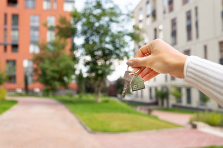 Hand holding keys on the background of a new building, construction concept. Buying real estate, housing, apartments. Private yard, park, kindergarten, playgroundsの写真素材