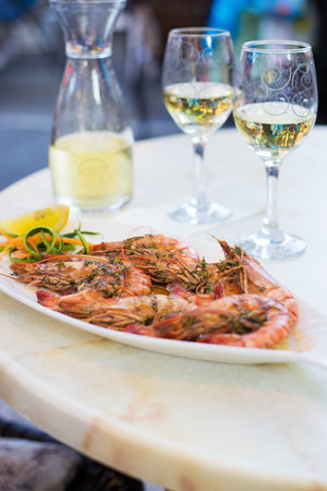Beautiful and very tasty royal prawns in a restaurantの写真素材