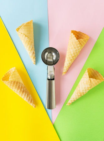 Wafer cups on a multi-colored bright background along with a metal spoon. Takeaway ice cream concept, vertical photoの写真素材