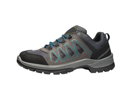 New running sneaker in cold weather isolated on white background. Men's sports shoes for everyday use. Athletic unbranded workout gym shoes with white sole. Modern gray leather trainers for trainingの写真素材