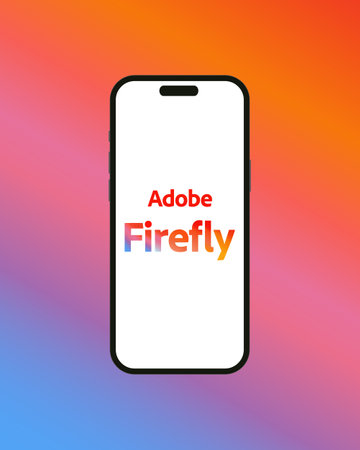 Kyiv, Ukraine - 03 June 2022: Adobe Firefly  on Iphone 14 screen - vector illustration. Adobe has announced the release of its AI Art Generator tool. firefly is generative artificial intelligenceのeditorial素材